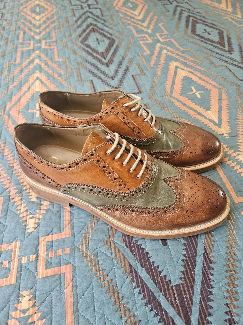 Two-Tone Brown & Olive‎ Leather Wingtip Derbys